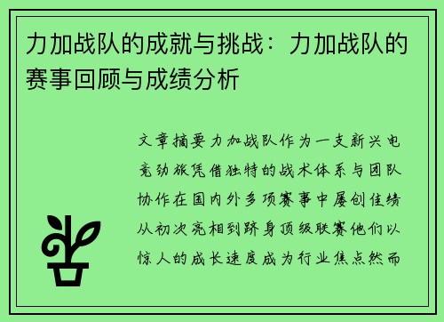 力加战队的成就与挑战：力加战队的赛事回顾与成绩分析