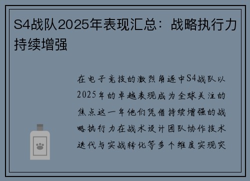 S4战队2025年表现汇总：战略执行力持续增强