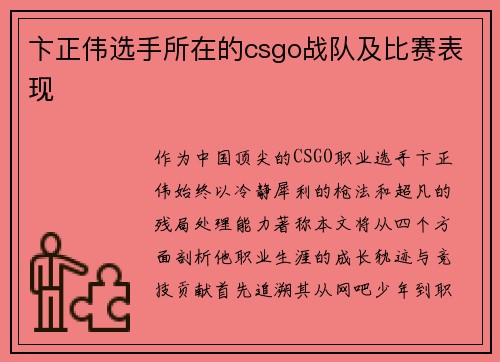 卞正伟选手所在的csgo战队及比赛表现